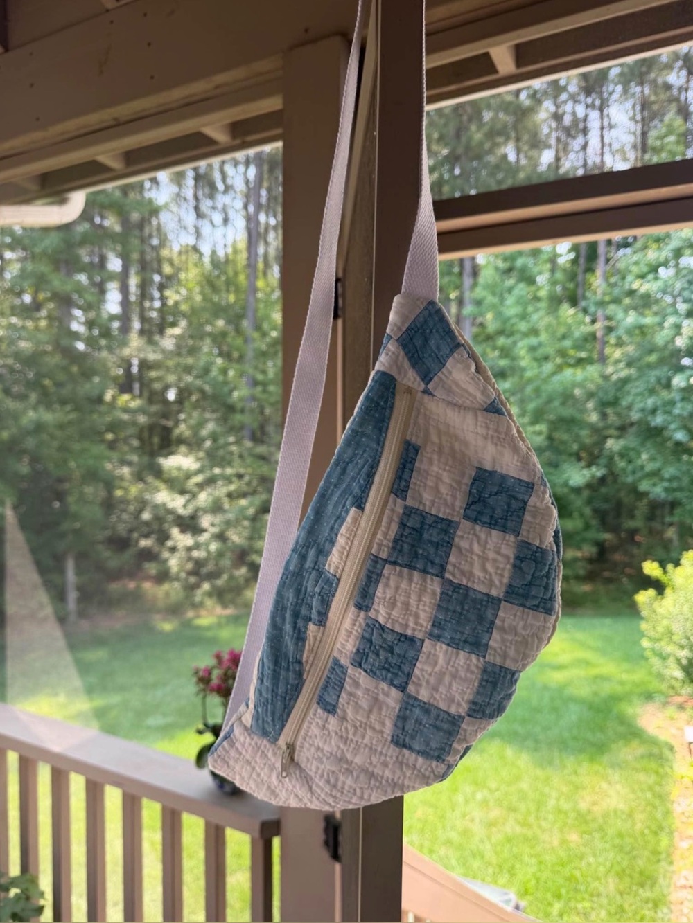 Handmade Vintage Quilted Blue & White Check Crossbody Bag